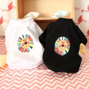 Detail of soft cotton pet t-shirts featuring cute cartoon lion prints in black and white