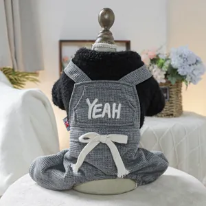 Grey plaid pet jumpsuit with plush lining and white YEAH embroidery for dogs