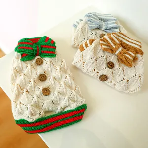 Pet Dog Cat Knitwear Sweater Hollow Diamond Pattern With Bowknot Wooden Buttons Warm Autumn Winter Small Animal Clothes
