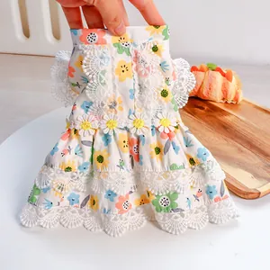 Detail showing pet floral dress with white lace trim and daisy embroidery appliques