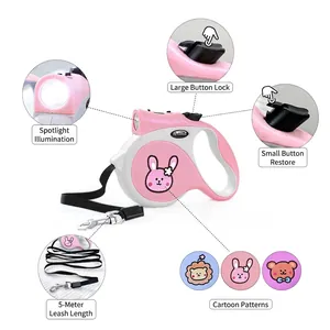 Retractable 5m dog leash with LED light and locking system in pink and grey