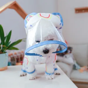 Close-up of pet rainbow raincoat with a transparent PVC hood and waterproof four-leg design