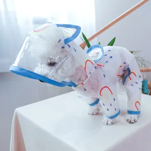 Detail view of pet rainbow raincoat featuring a large transparent waterproof hood shield