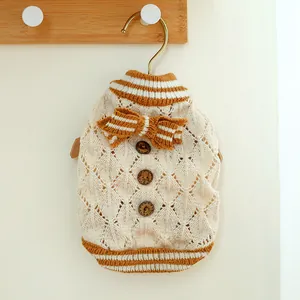 Detailed knit pet sweater with hollow diamond pattern and wooden buttons for dogs