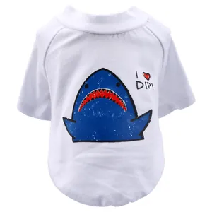 White cotton dog t-shirt featuring a cartoon shark print and I Love DIP design