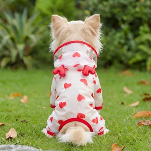 Detail of transparent dog raincoat with red heart patterns and 3D back decorations