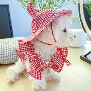 Plaid pet sun hat and ruffle vest set with small 3D ears for small dogs like Teddy