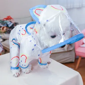 Detail view of pet rainbow raincoat with a transparent hood and cute ear decorations