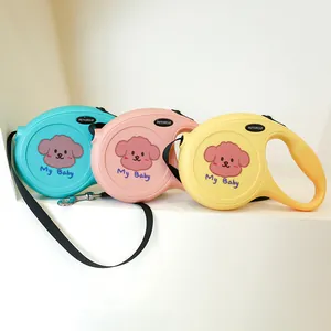 Retractable pet leash in macaron colors with cartoon poodle and ergonomic handle design