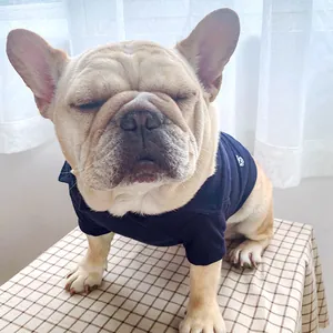 Détail d'un polo bleu marine pour bouledogue français avec logo brodé blanc