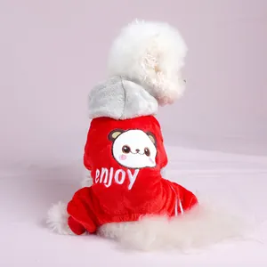 Pyjama pour Chien et Chat à Quatre Pattes Hiver Chaud en Velours de Coton Shu Combinaison Épaissie Vêtements pour Chiot et Chaton Broderie Dessin Animé à Capuche