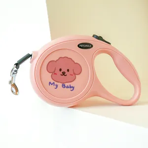 Pink retractable dog leash with PETCIRCLE logo and ergonomic handle for small pets