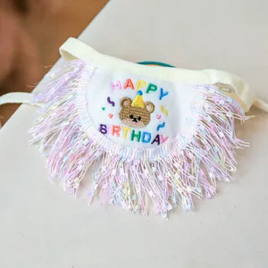 Detail of pet birthday bandana with fluffy tassels and Happy Birthday embroidery