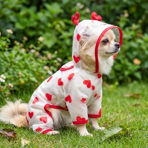 Transparent waterproof dog raincoat with red hearts, hooded four-leg pet outdoor gear