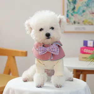 Dettaglio mantella per animali con colletto rosa e fiocco a scacchi su cane bianco