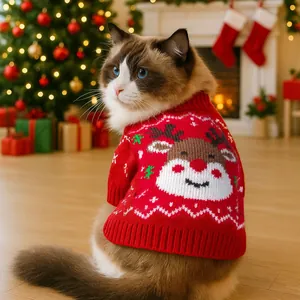 Festive red pet Christmas sweater with reindeer and snowflake knit patterns for cats and dogs