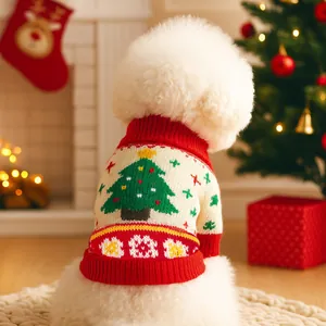 Christmas dog sweater with green tree pattern and red trim for small pets winter outfit