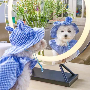 Blue and white plaid pet sun hat and cloak set with ears for small dogs and cats