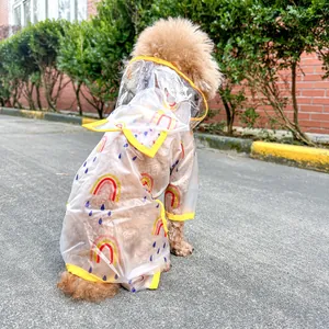 Detail of transparent pet raincoat with rainbow prints and yellow trim on a dog