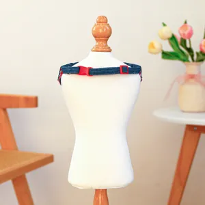 Close-up of blue denim pet collar with red plastic buckle on white mannequin