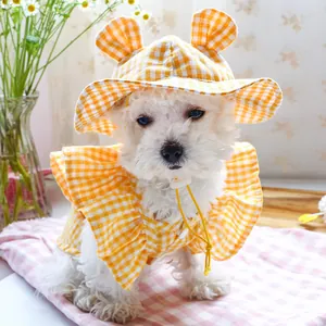 Cute yellow plaid dog sun hat with 3D ears and matching ruffle cape for small pets