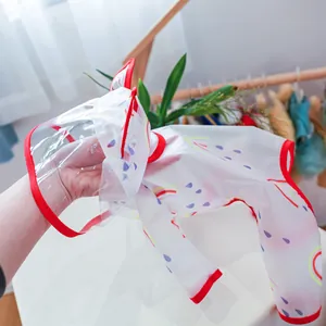 Detail of waterproof pet raincoat with rainbow prints and transparent hood for small dogs