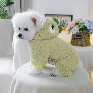 Detail of cute green dinosaur pet fleece jumpsuit with soft spikes and yellow cuffs