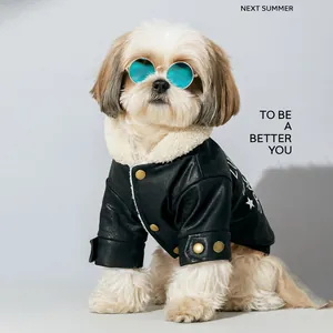 Coole Haustier Denim PU Lederjacke Winter Warme Fleece Hundekleidung Welpen Katzenmantel Mit Stickerei Metallknöpfe Mode Haustierbekleidung