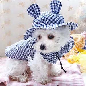Detail of adjustable blue plaid pet sun hat with cute round ears for small dogs