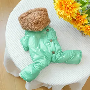 Detail of light green polka dot dog jumpsuit with brown fleece hood and metal buttons