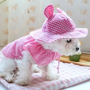 Detail of a small dog wearing a pink gingham sun hat and ruffled shirt set in home setting