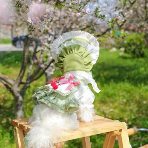 Detail of floral pet dress set with a green ruffled skirt and matching sun hat for small dogs