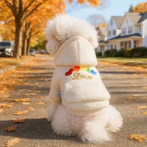 Fleece pet hoodie for small dogs with rainbow heart embroidery and soft lamb wool texture