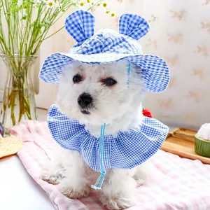 Blue plaid pet sun hat and ruffle scarf set on a white dog for outdoor picnic