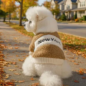 Detail of warm lamb wool dog hoodie with New York embroidery and ribbed hem