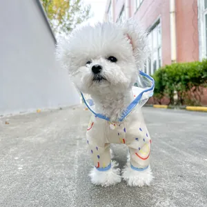 Outdoor shot of a white dog in a rainbow print four-legged raincoat with a clear hood