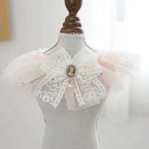 Detailed view of pink lace pet collar with a vintage cameo brooch and pearl pendant