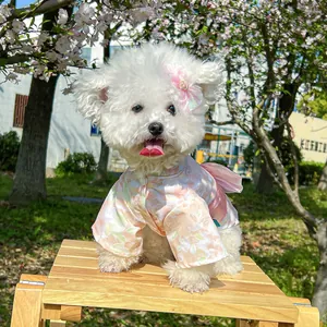 Pink floral pet kimono dress with bow accessory for small dogs in cherry blossom setting