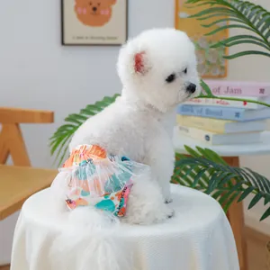 Dettaglio dei pantaloni fisiologici floreali per cani con pizzo bianco su un Bichon