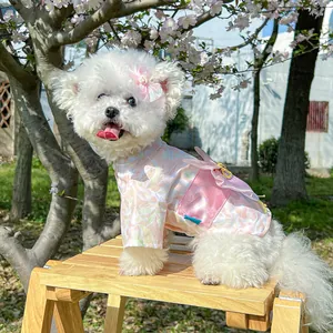Detail of pink floral pet hanfu with satin waist seal and bow knot in nature
