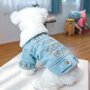 Detail der Hundejeansjacke mit warmem Lammwollkragen und schicker Rückenstickerei