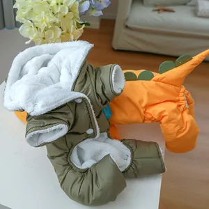Winter pet hoodie with dinosaur spikes in green and orange fleece for small dogs and cats