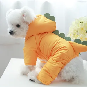 Yellow dinosaur dog hoodie coat with green fins, waterproof winter padding for small pets