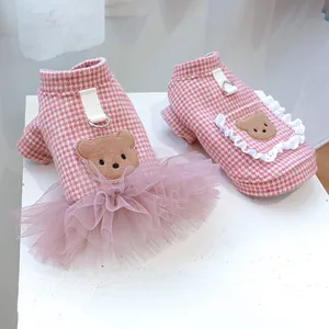 Hahnentritt Haustier Hundekleid Und Weste Warme Winter Katzenbekleidung Mit Cartoon Bär Patchwork Netz Tutu Rock Metall Zug D-Ring