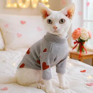 Gray knitted cat sweater with red heart patterns and high collar for Devon Rex cats