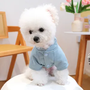 Detail eines hellblauen Hundehemds mit Knöpfen an einer weißen Bichon Frise Hunderasse