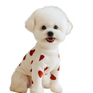 White dog sweater with red heart patterns on rib-knit fabric for small dogs