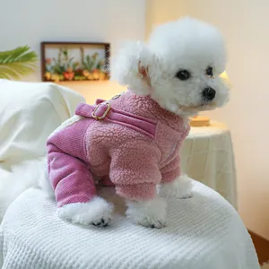 Pink sherpa and corduroy dog winter jumpsuit with warm lining and metal buckle detail