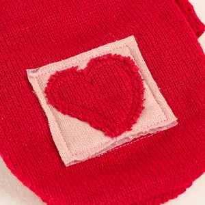 Detailed close-up of a red knitted puppy sweater with a soft heart-shaped patch texture