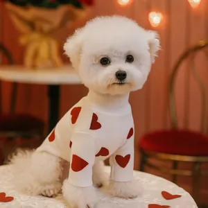 Close-up of off-white pet sweater featuring red hearts and ribbed turtleneck detail